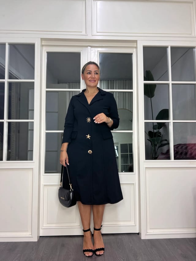 A02703 yakalı kollu likralı düğmeli elbise 