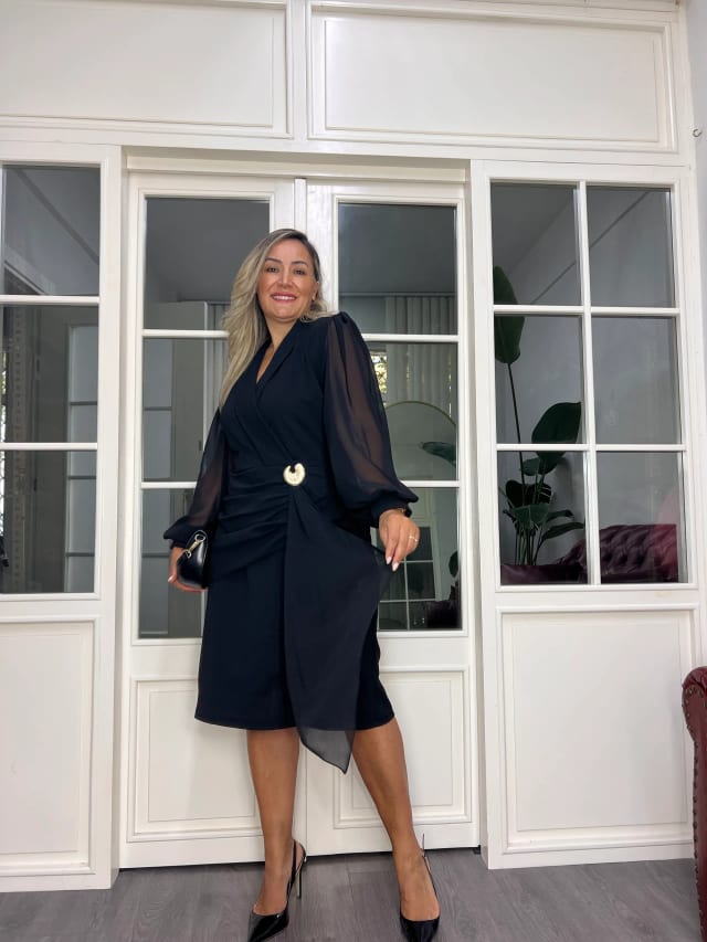 A02722 likralı kruvaze likralı şifon garni elbise 