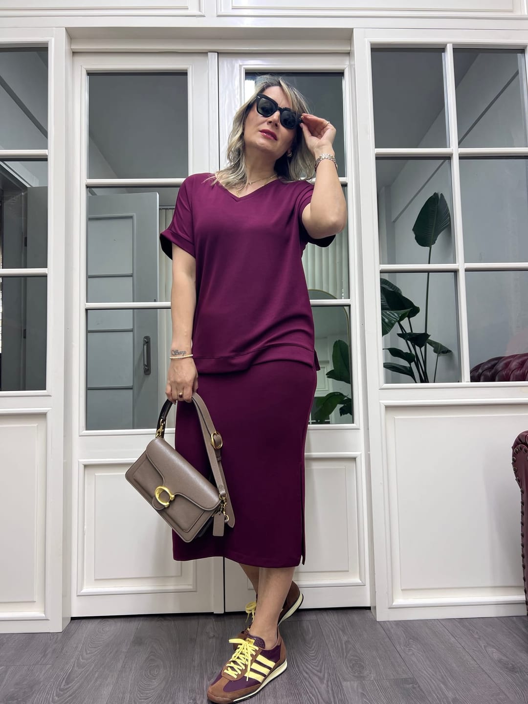 A01814 bordo modal kumaş etek bluz takım