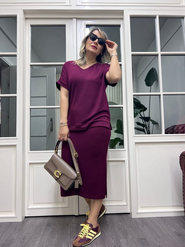 A01814 bordo modal kumaş etek bluz takım